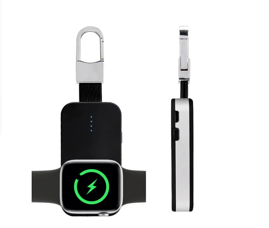 Black portable Apple Watch wireless charger with keychain loop and built-in battery