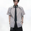 Men's loose fit blue diamond tie patchwork striped shirt with quilted construction and flip collar