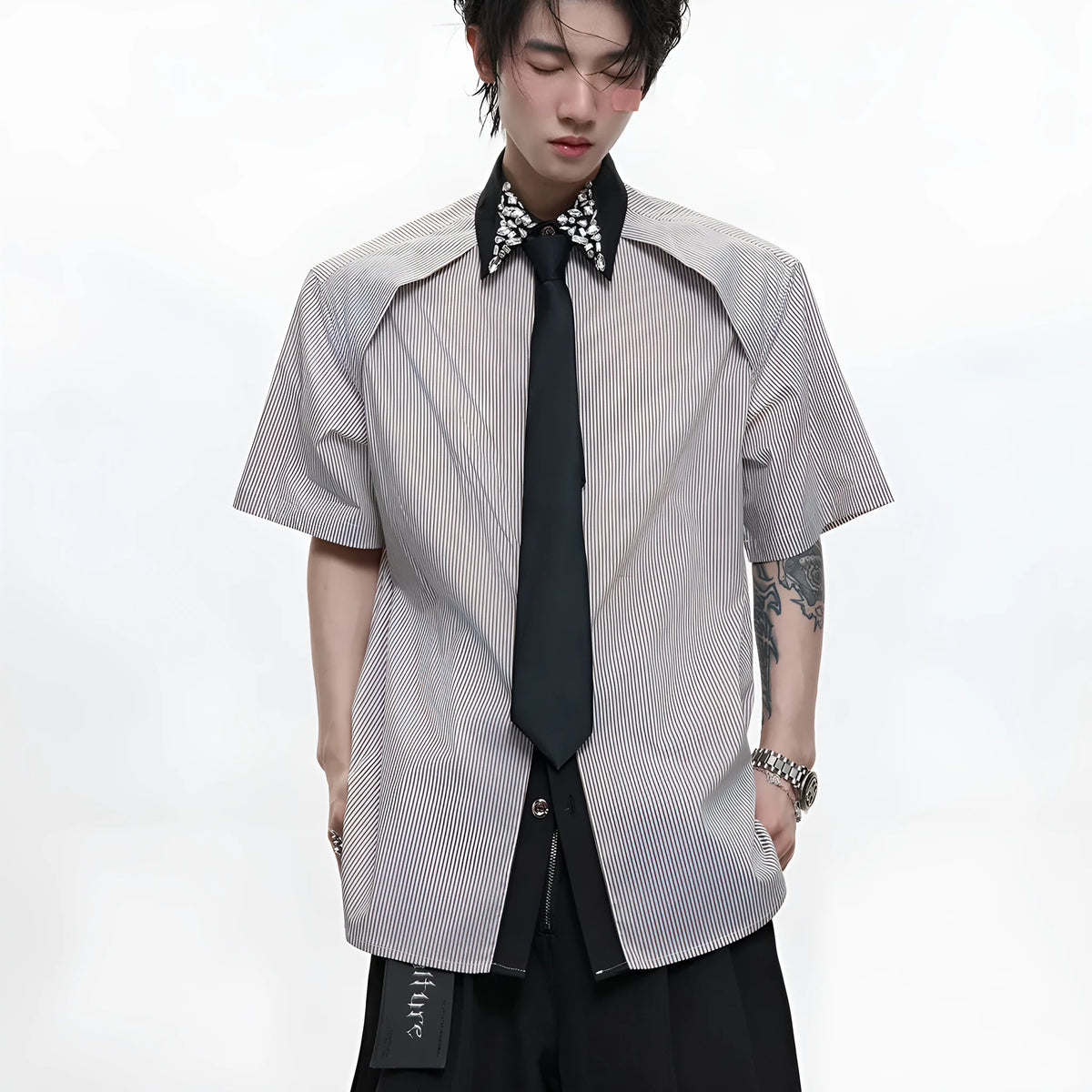 Men's loose fit blue diamond tie patchwork striped shirt with quilted construction and flip collar