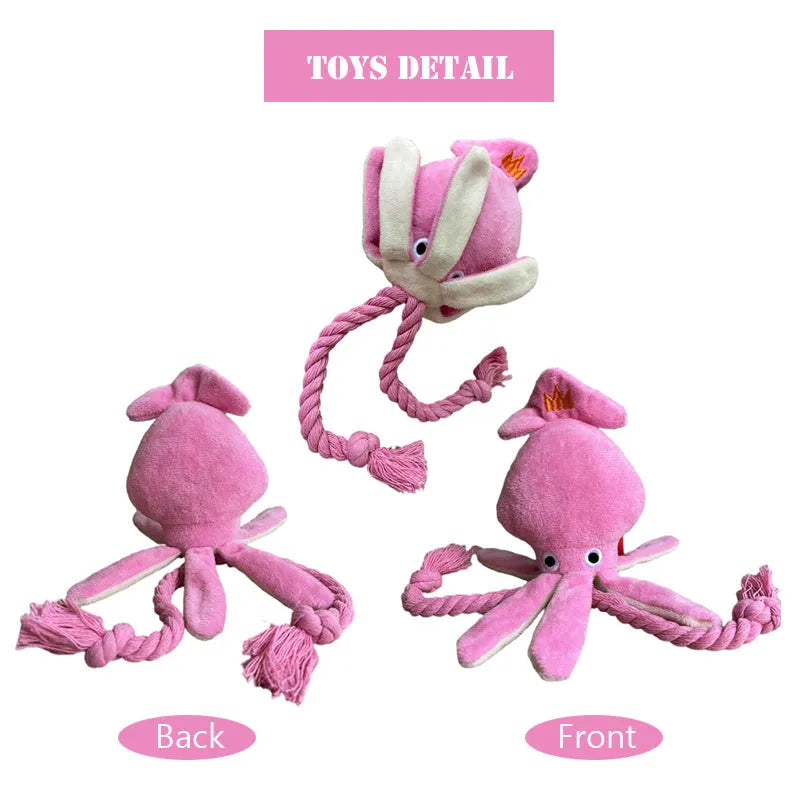 Pink squid plush dog chew toy with squeaky sound, 32cm corduroy, for small medium dogs