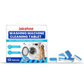 Pack of 12 white washing machine cleaning tablets on a blue background.
