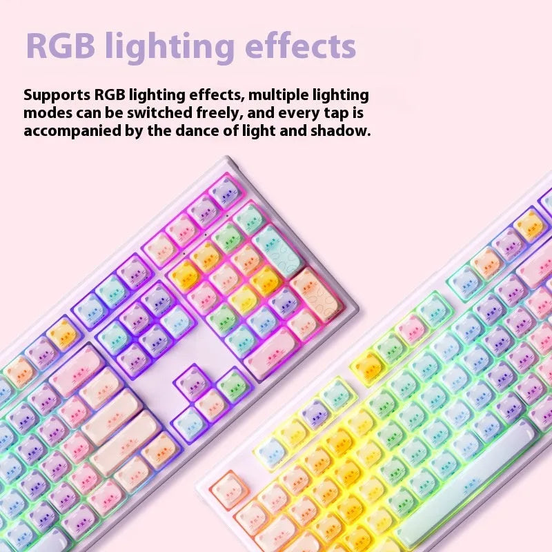 Coloured sugar cat theme Bluetooth mechanical keyboard with piano switches on a desk.