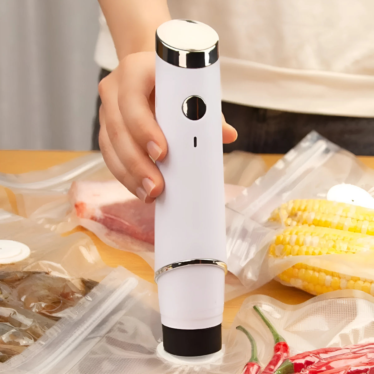 White USB electric suction pump with five 26x28cm vacuum food storage bags