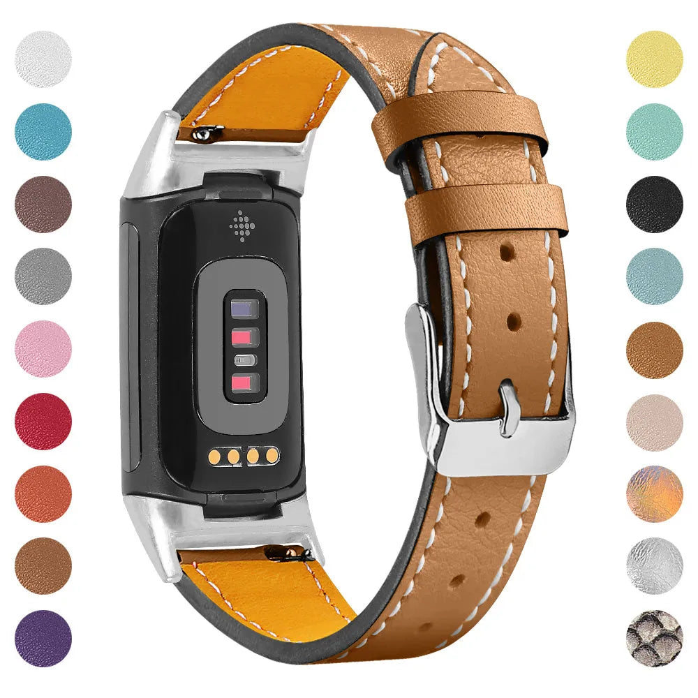 Genuine cowhide leather replacement strap for Fitbit Charge 5 and Charge 6 smartwatches in multiple colours.