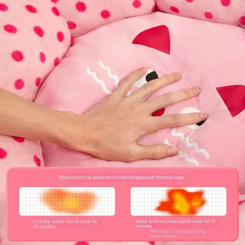 Pink dot pattern fabric cat bed shown in 45cm and 65cm diameter sizes