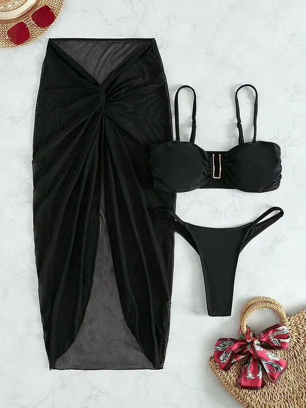 French-style multicolour bikini three-piece set with long culottes construction