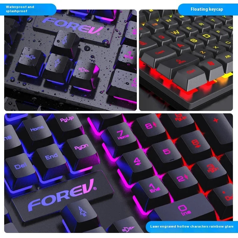 Black 104-key backlit keyboard and optical mouse set with 1.5m USB cable on desk