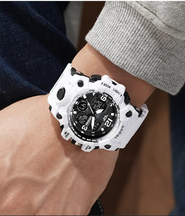 Men's electronic sports watch with dual display showing both pointers and digital readout on round black dial