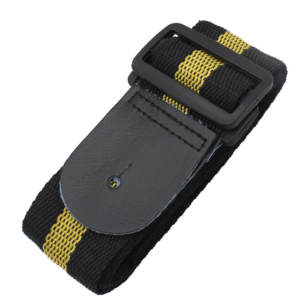 Woven crossbody guitar strap in army green colour, showing universal instrument fittings.