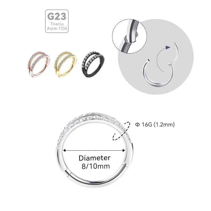 Titanium alloy nose ring with monoclinic diamond finish in gold and steel colour options showing precise measurements