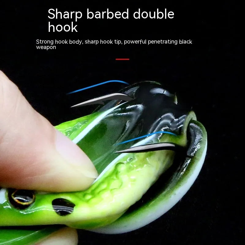 Bionic frog imitation snake head fishing lure with double hooks in grass green colour