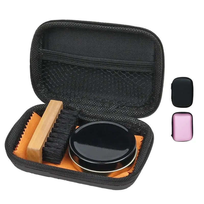 Shoe care maintenance set with leather oil, shoe brush, and cleaning cloth in black bag