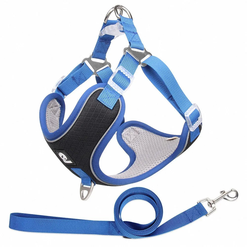 Adjustable breathable mesh dog harness with reflective stitching in multiple colour options