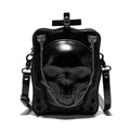 Black mini square shoulder bag with Gothic skull embossed design, chain strap, and zipper opening