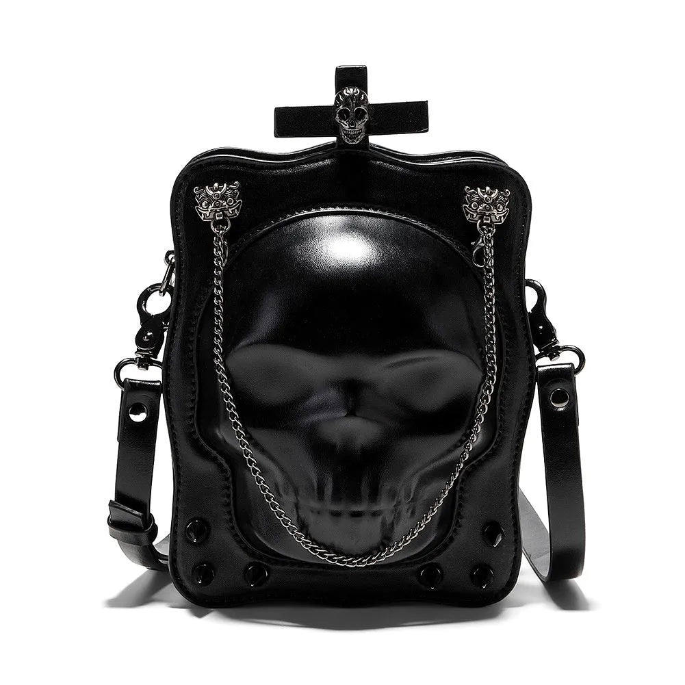 Black mini square shoulder bag with Gothic skull embossed design, chain strap, and zipper opening