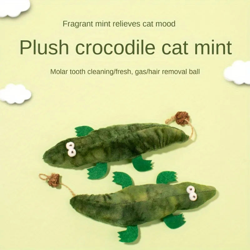 Green plush alligator catnip toy for stress relief and oral cleansing
