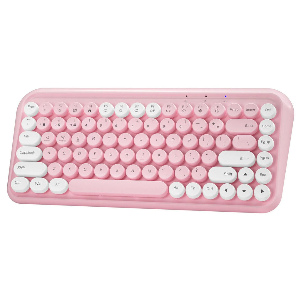 Pink wireless Bluetooth keyboard with 84 keys showing portable slim design