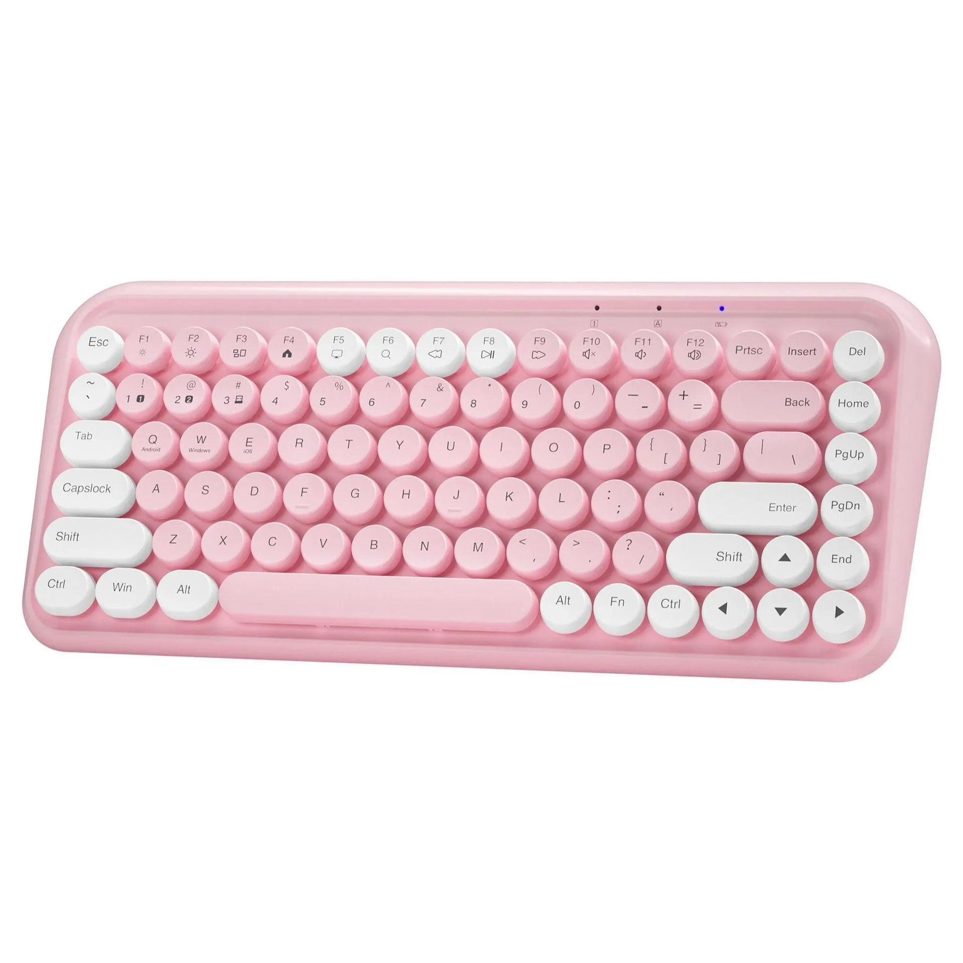Pink wireless Bluetooth keyboard with 84 keys showing portable slim design