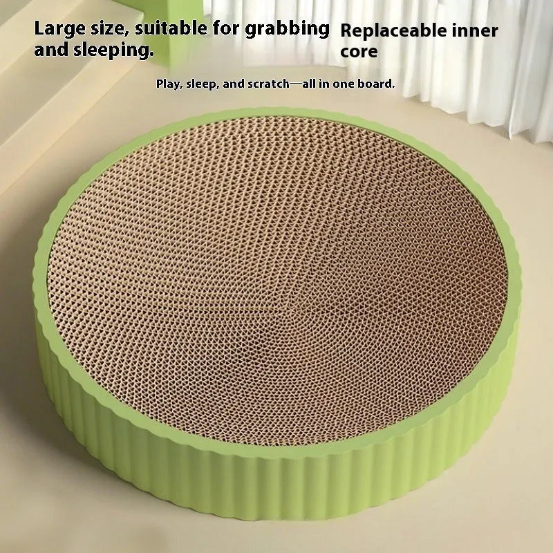 Green and white round cat scratching board with 55cm diameter and corrugated cardboard surface