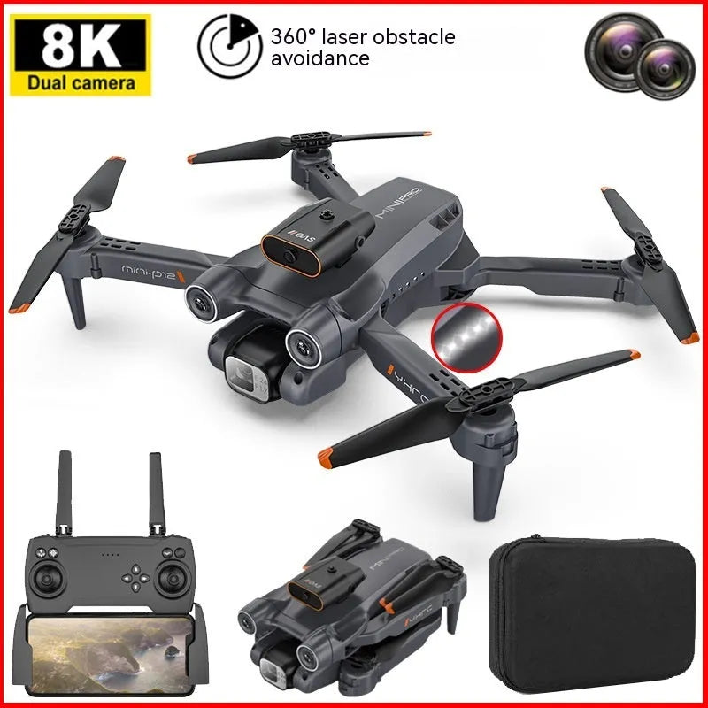 Black and orange remote-controlled quadcopter drone with four propellers, shown folded and unfolded.