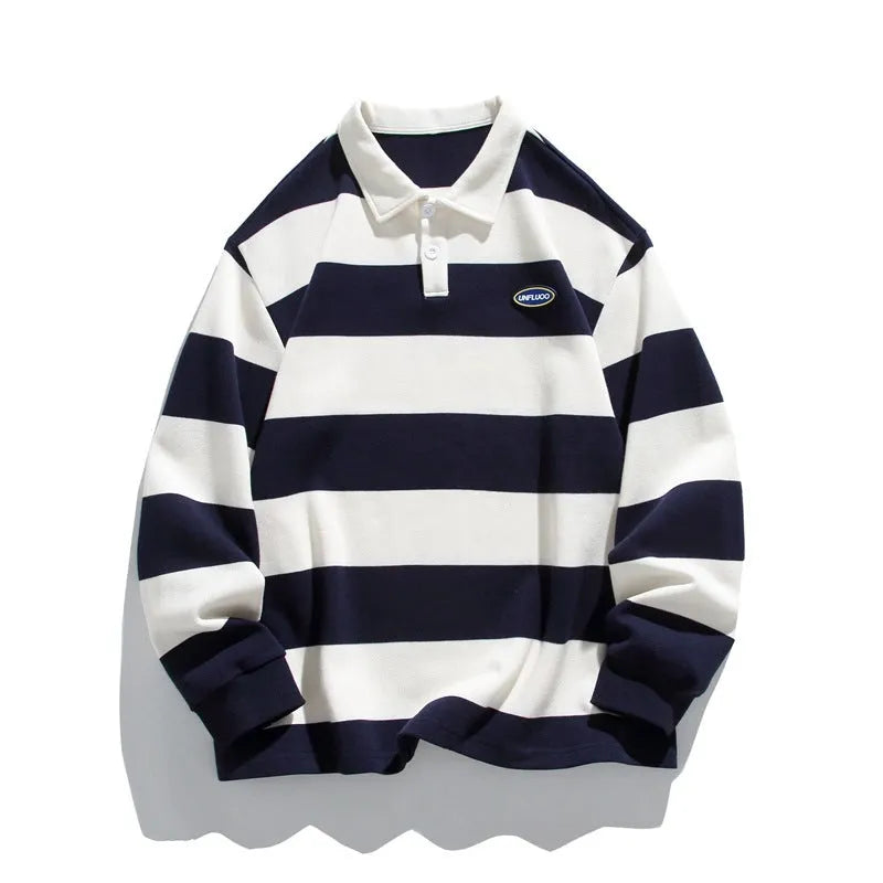 Hong Kong style pearl cotton polo shirt with a sweater lapel in a loose, long-sleeve fit.