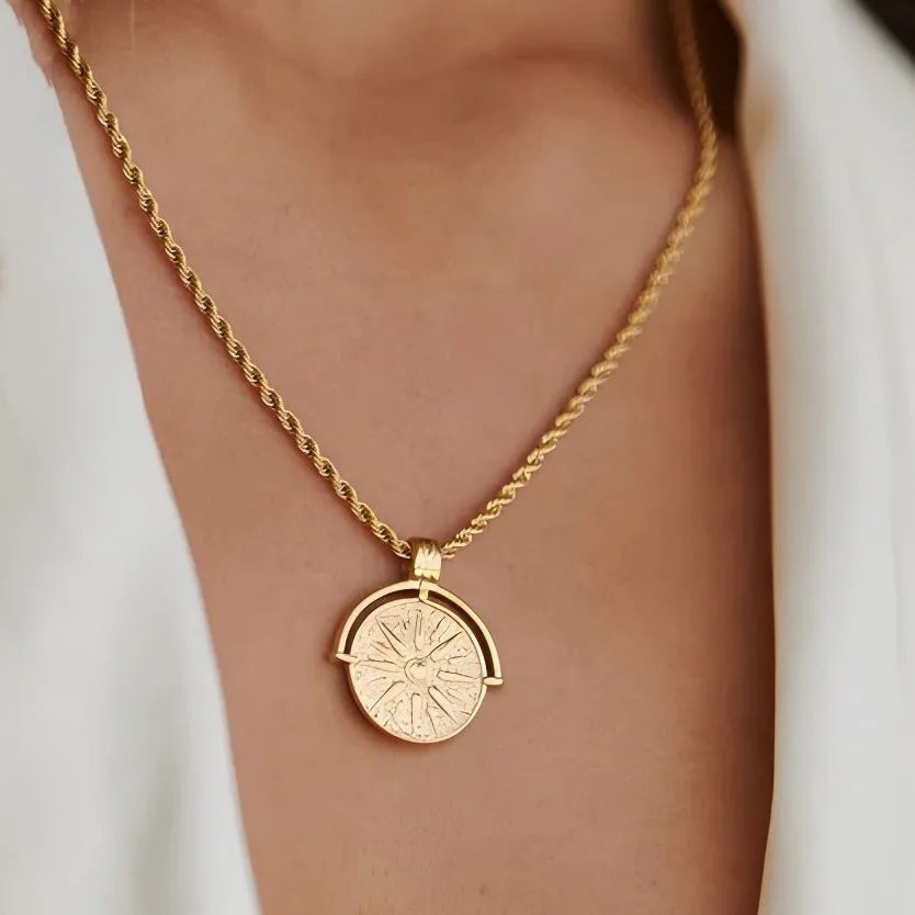 Titanium steel sunflower round embossed pendant necklace with adjustable hemp flowers chain in gold colour