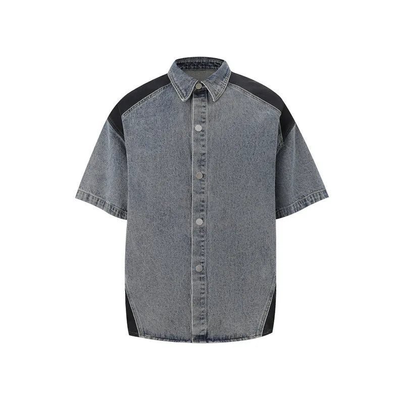 Retro washed denim short sleeve jacket and trousers suit set in blue colour.
