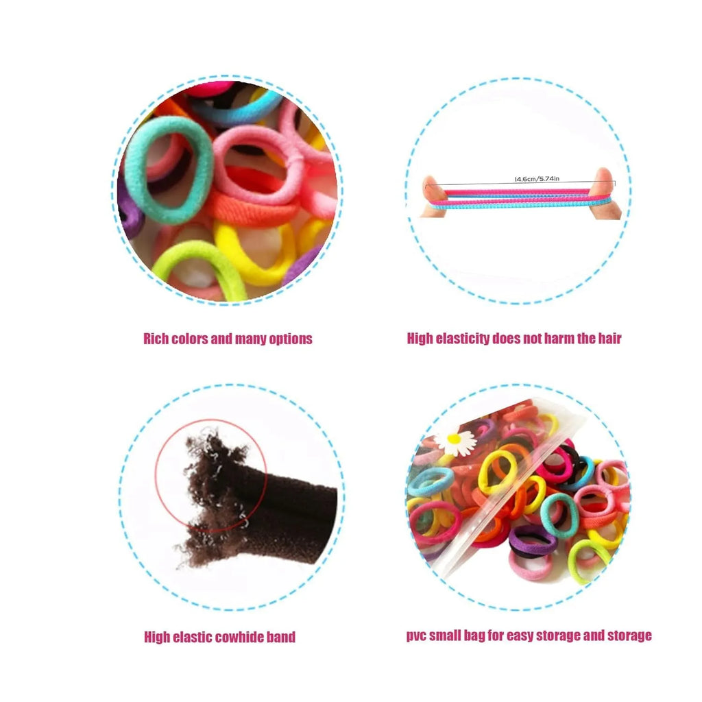 Small jar containing 100 multicoloured seamless cotton hair elastics for babies and toddlers.
