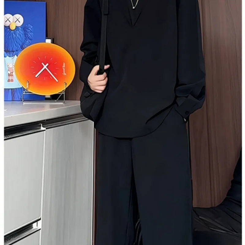Men's apricot colour long sleeve polo shirt and trousers casual suit set on a hanger