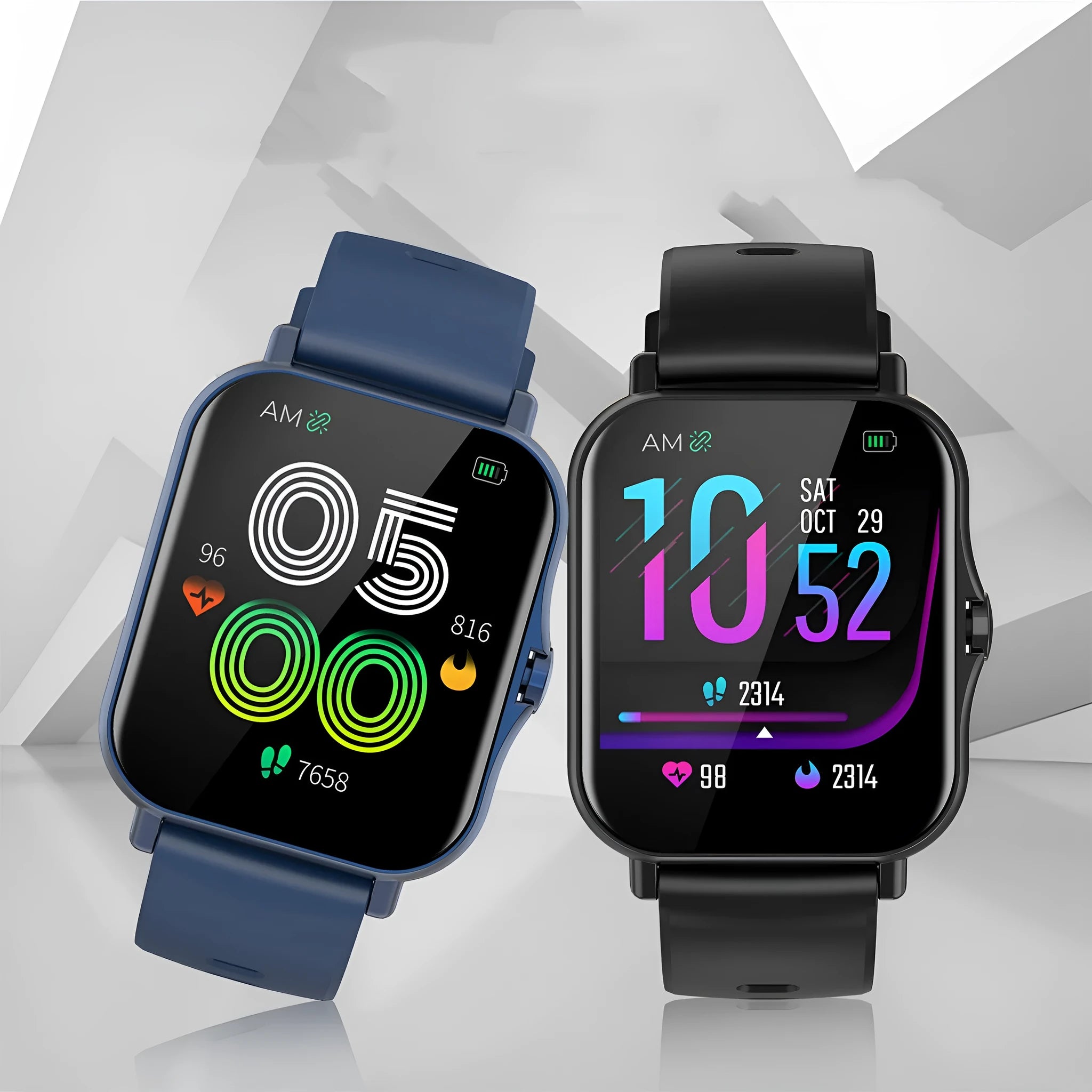 Smart watch with curved touch screen displaying heart rate monitoring interface in blue colour option