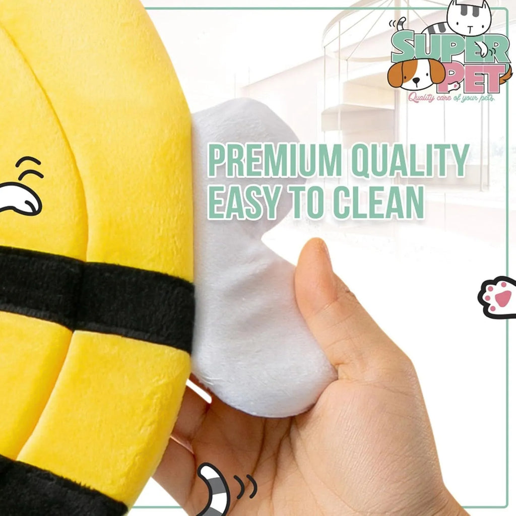 Soft cat cone collar with bee design showing Velcro closure and wide protective shape