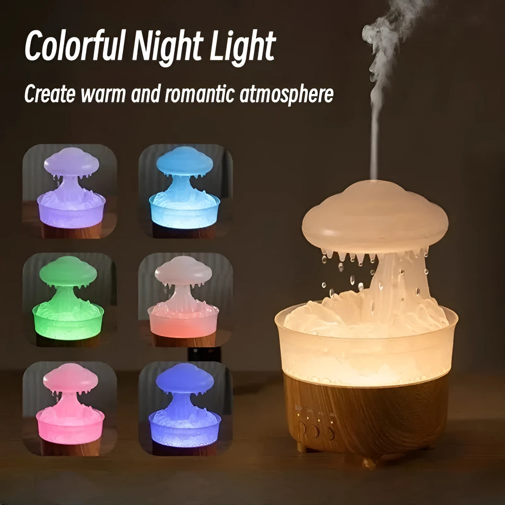 Wood grain white rain cloud shaped humidifier diffuser with LED night light on a table.