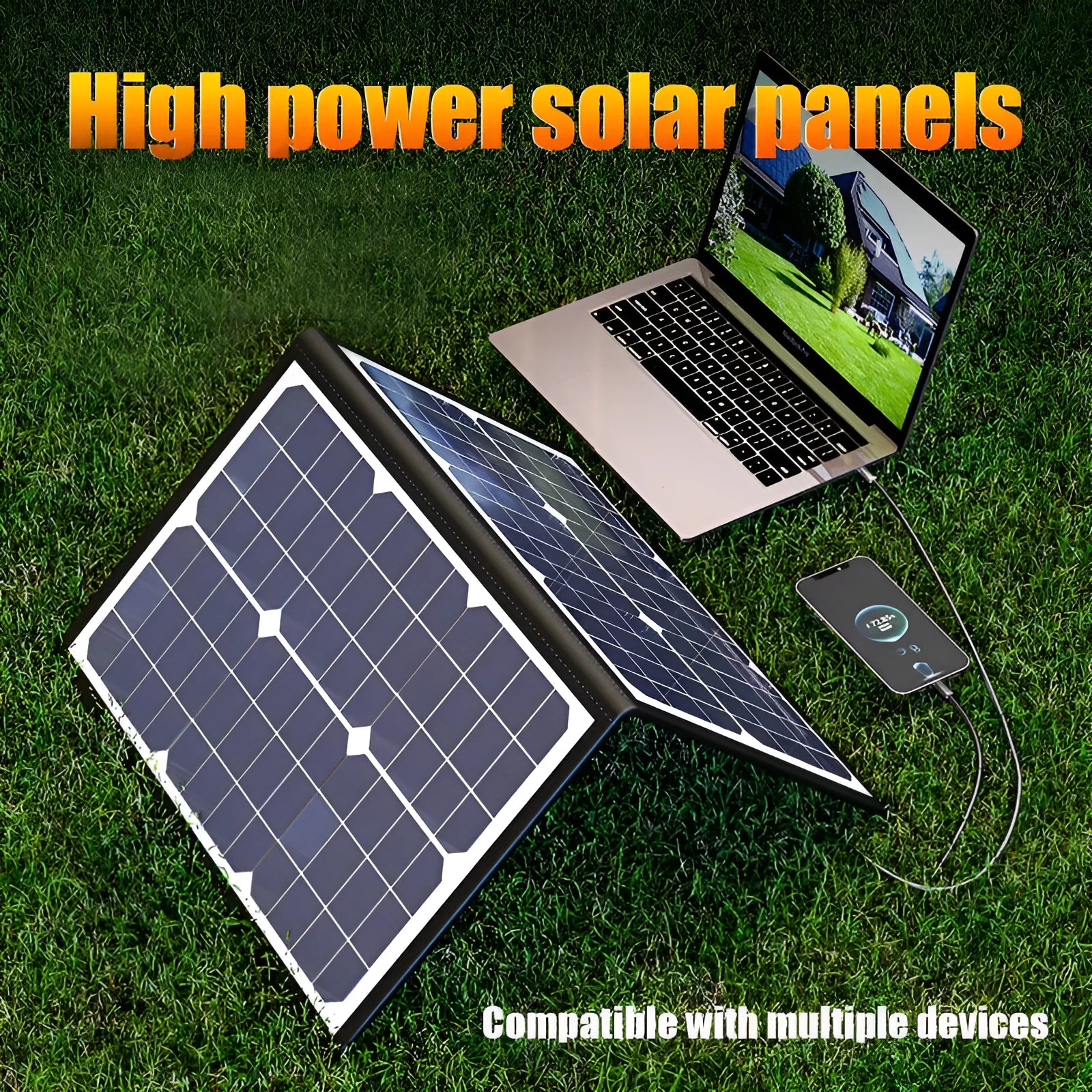 Black folding solar charger bag with 40W single crystal panels for portable outdoor power