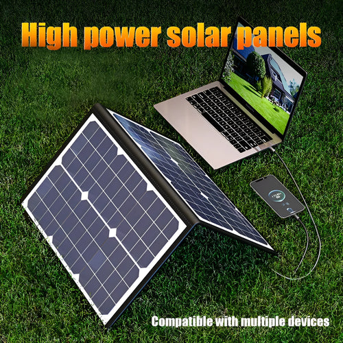 Black folding solar charger bag with 40W single crystal panels for portable outdoor power