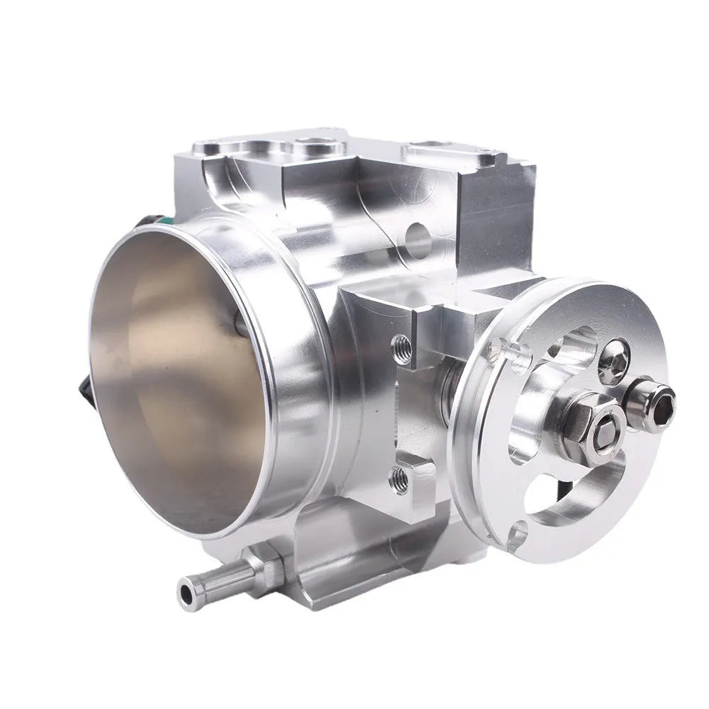 Aluminium throttle body valve for Honda K20A engine, shown in black and silver, 70mm diameter.