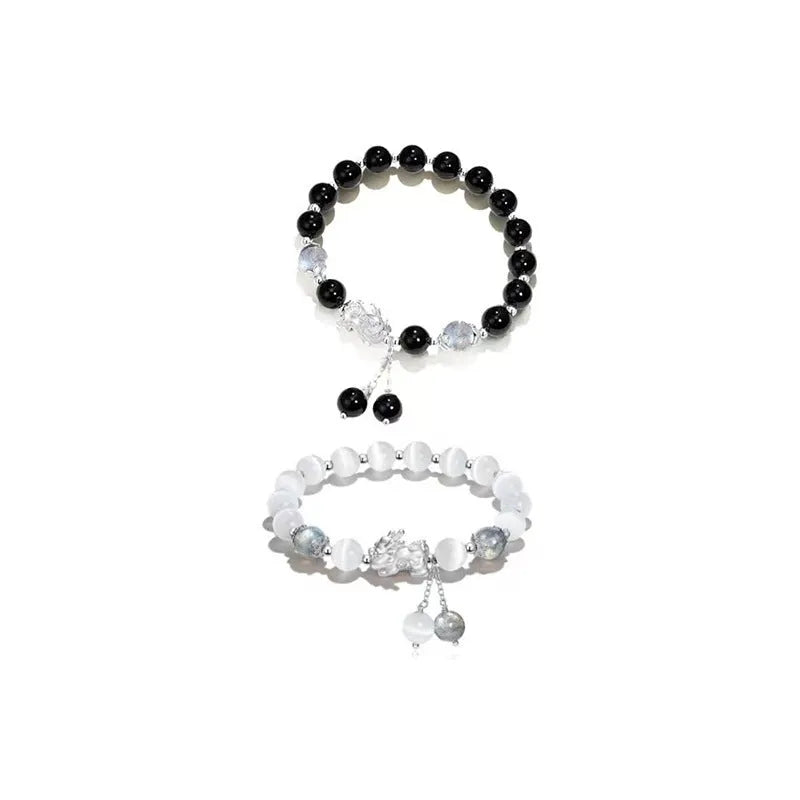 Natural black agate and gray opal couple bracelet with 10mm wave design and manual craftsmanship