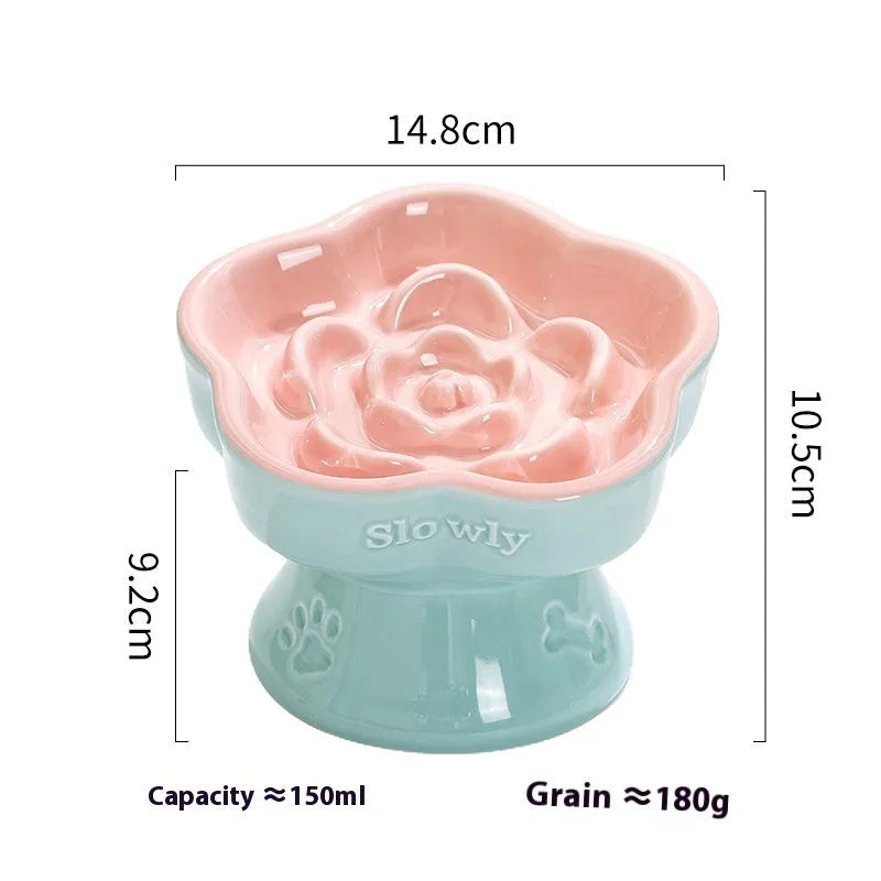 Black ceramic pet bowl with high neck protector and anti-tumble base design
