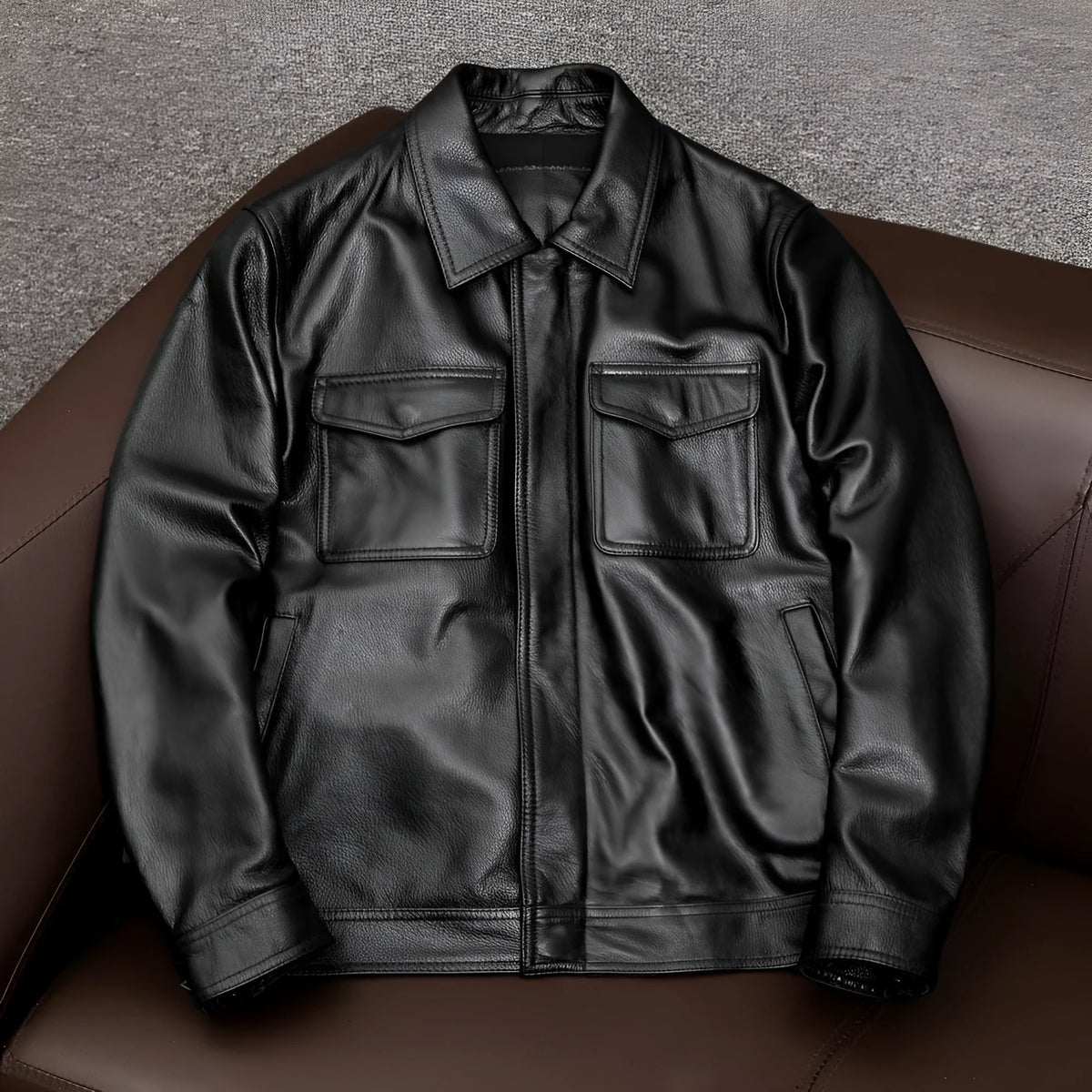 Men's black lapel collar leather jacket showing side seam pockets and loose plus size fit