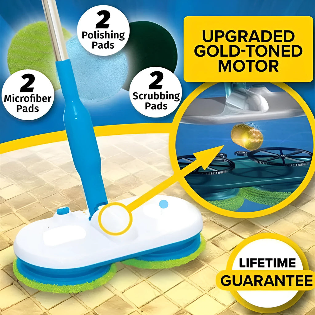 Handheld wireless electric floor mop with USB charging port and set of microfiber, scrubbing, and polishing pads.