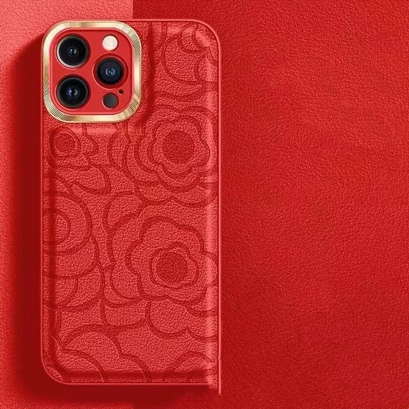 Camellia leather pattern phone case in antique white for iPhone with soft edge and hard back drop protection