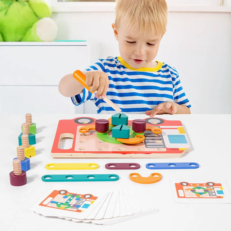 Children wooden twist screws changeable shape matching puzzle with colourful pieces on a white background