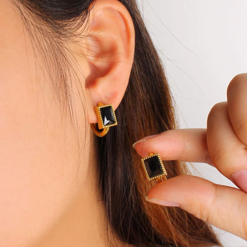 Women's square zircon stainless steel earrings with geometric design in black colour