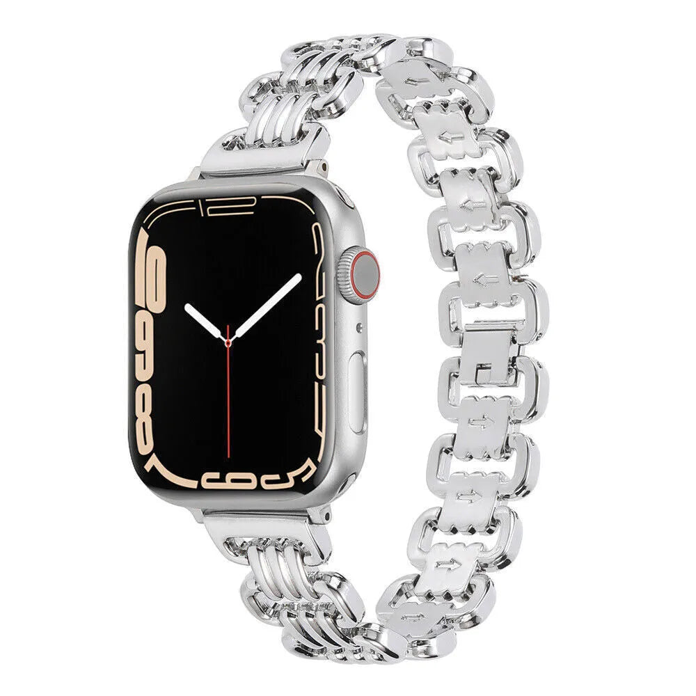 Alloy metal Apple Watch replacement bracelet in silver, black, gold, rose gold, and starlight colours with adjustable clasp.