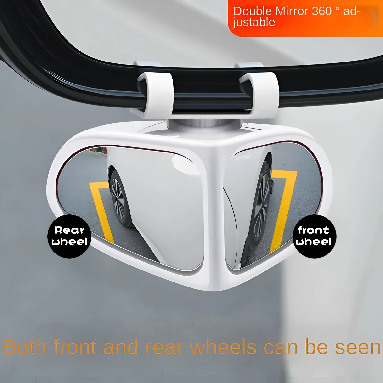 Small round wide-angle car reversing mirror with adjustable joint and adhesive backing.