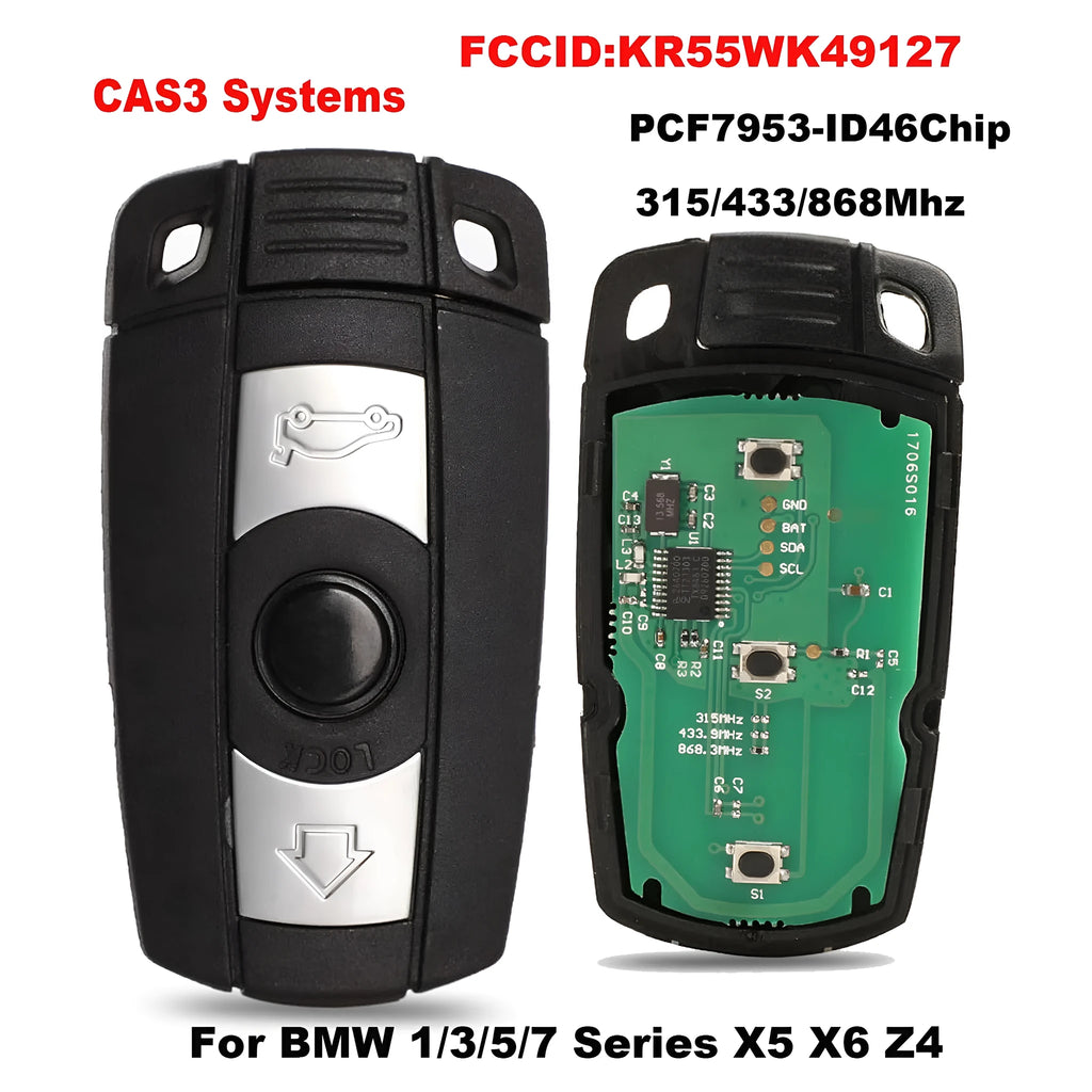 BMW HU92 semi-intelligent 3-button remote car key fob with metal and plastic case.