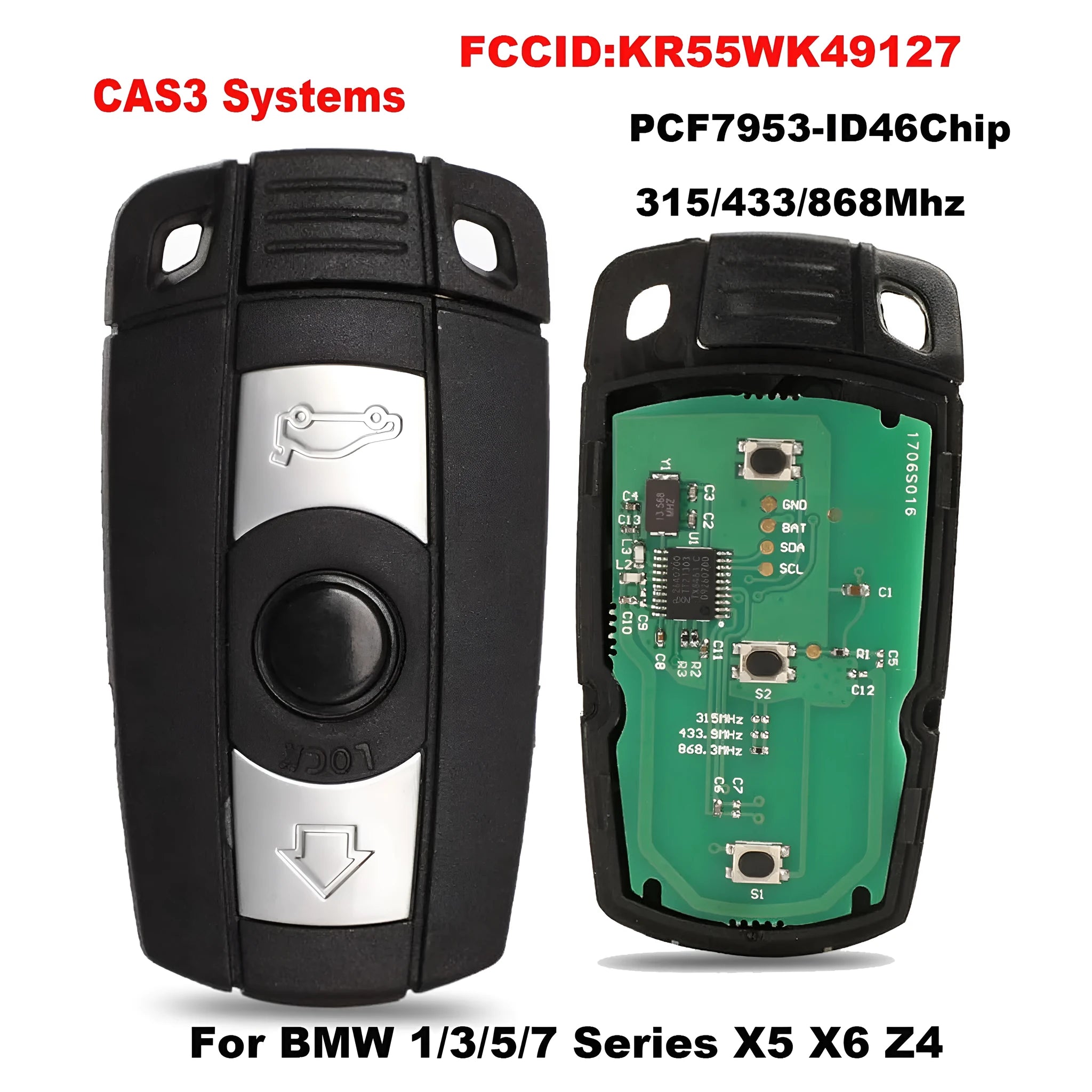 BMW HU92 semi-intelligent 3-button remote car key fob with metal and plastic case.