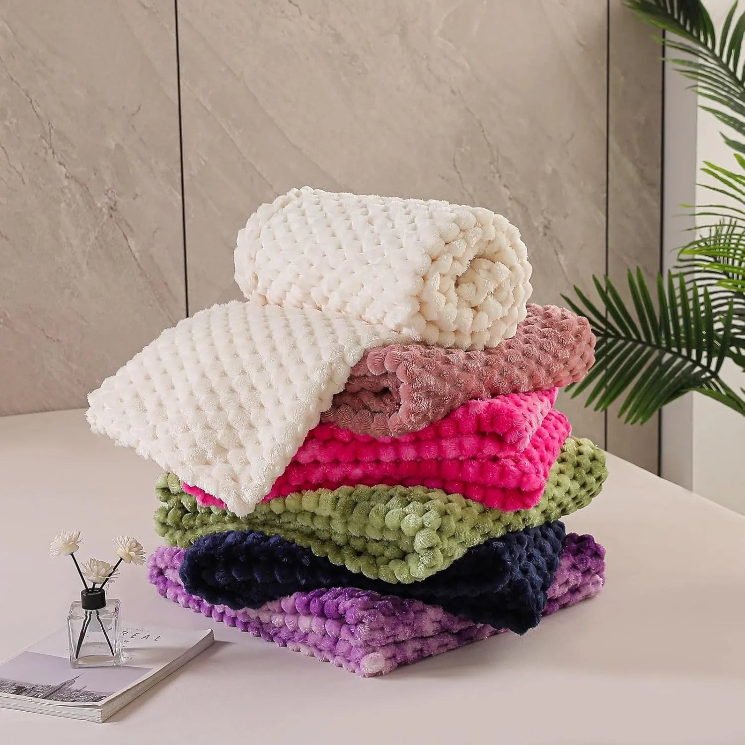 Children's polyester plaid blanket in camel colour with solid pattern showing texture