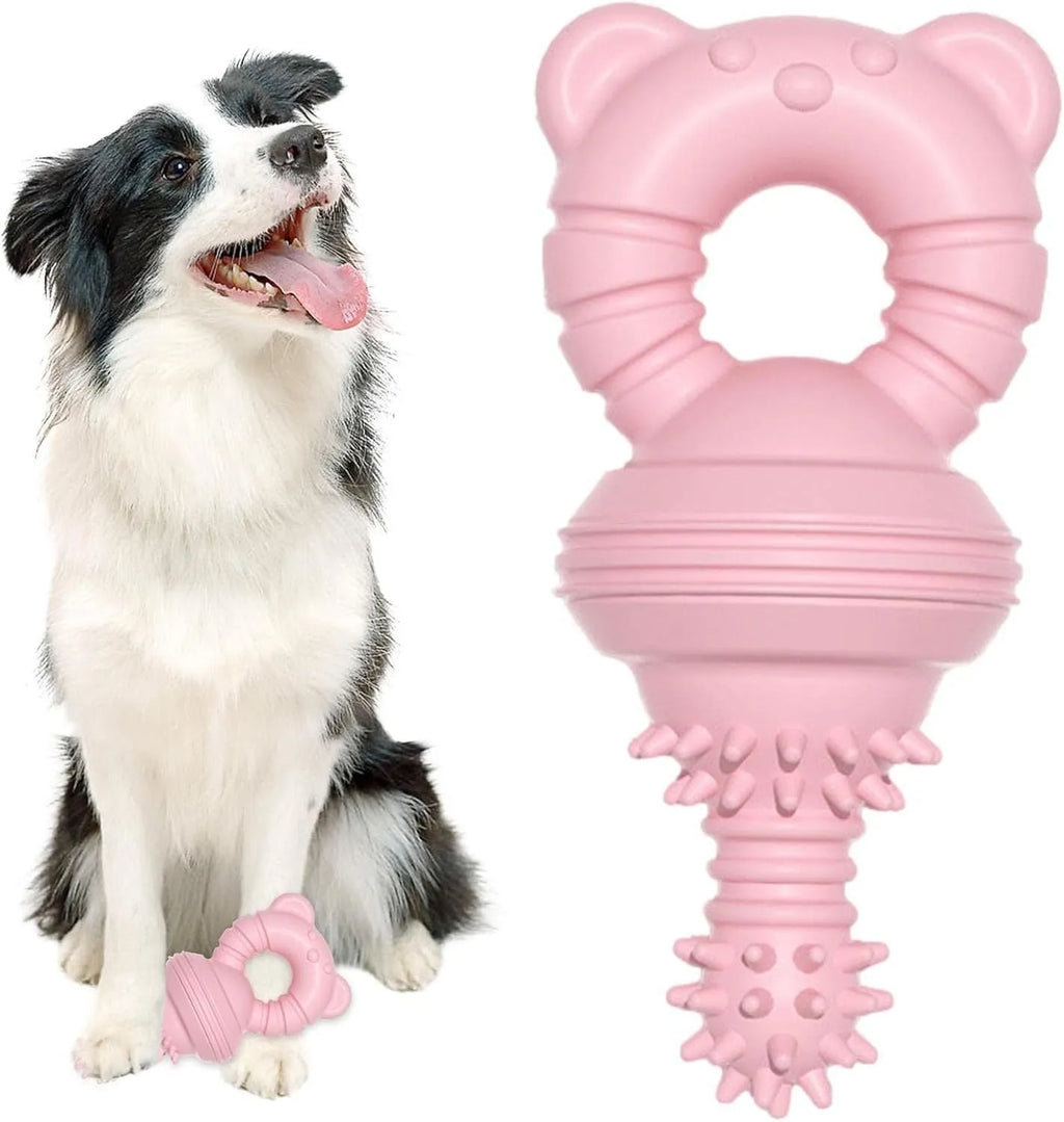 Blue rubber dog chew toy with textured surface and bell for teeth cleaning