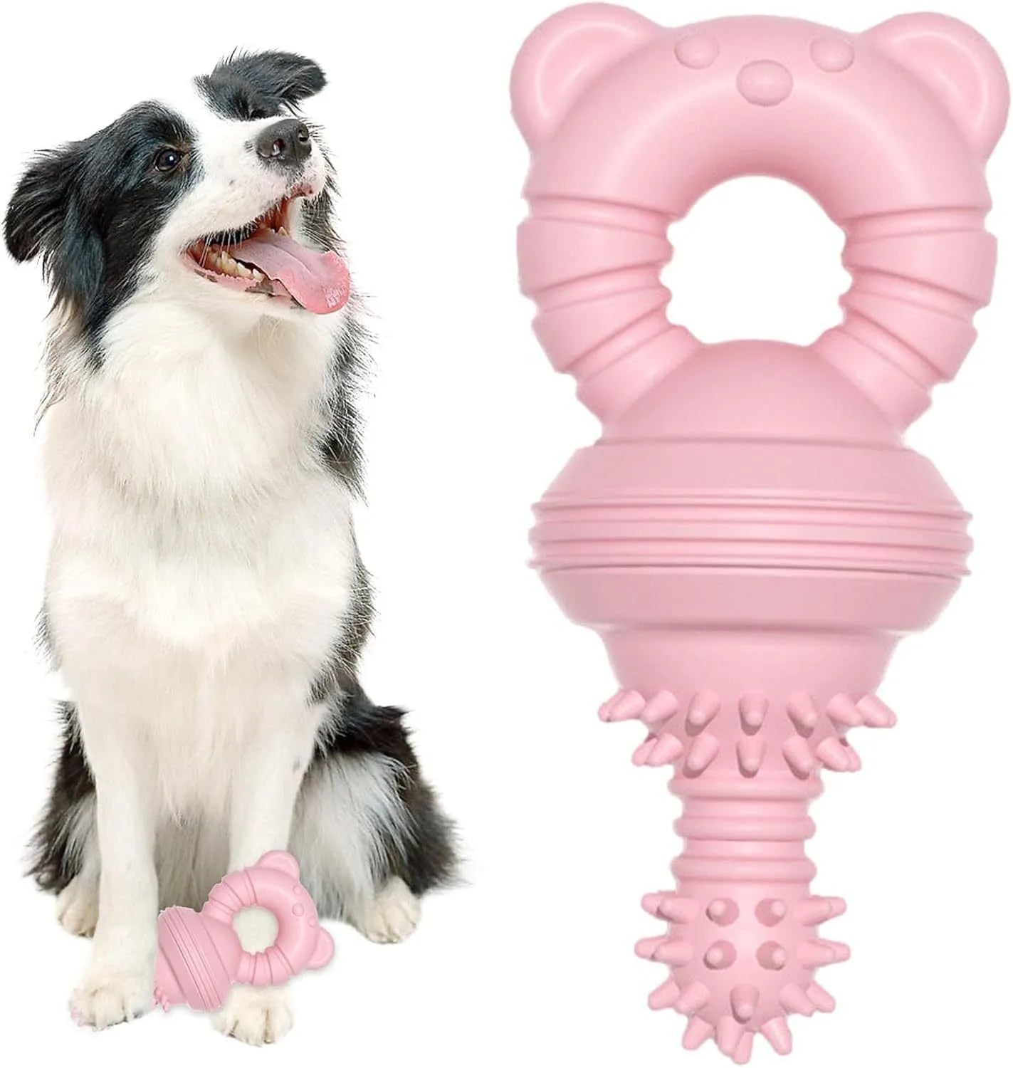 Blue rubber dog chew toy with textured surface and bell for teeth cleaning