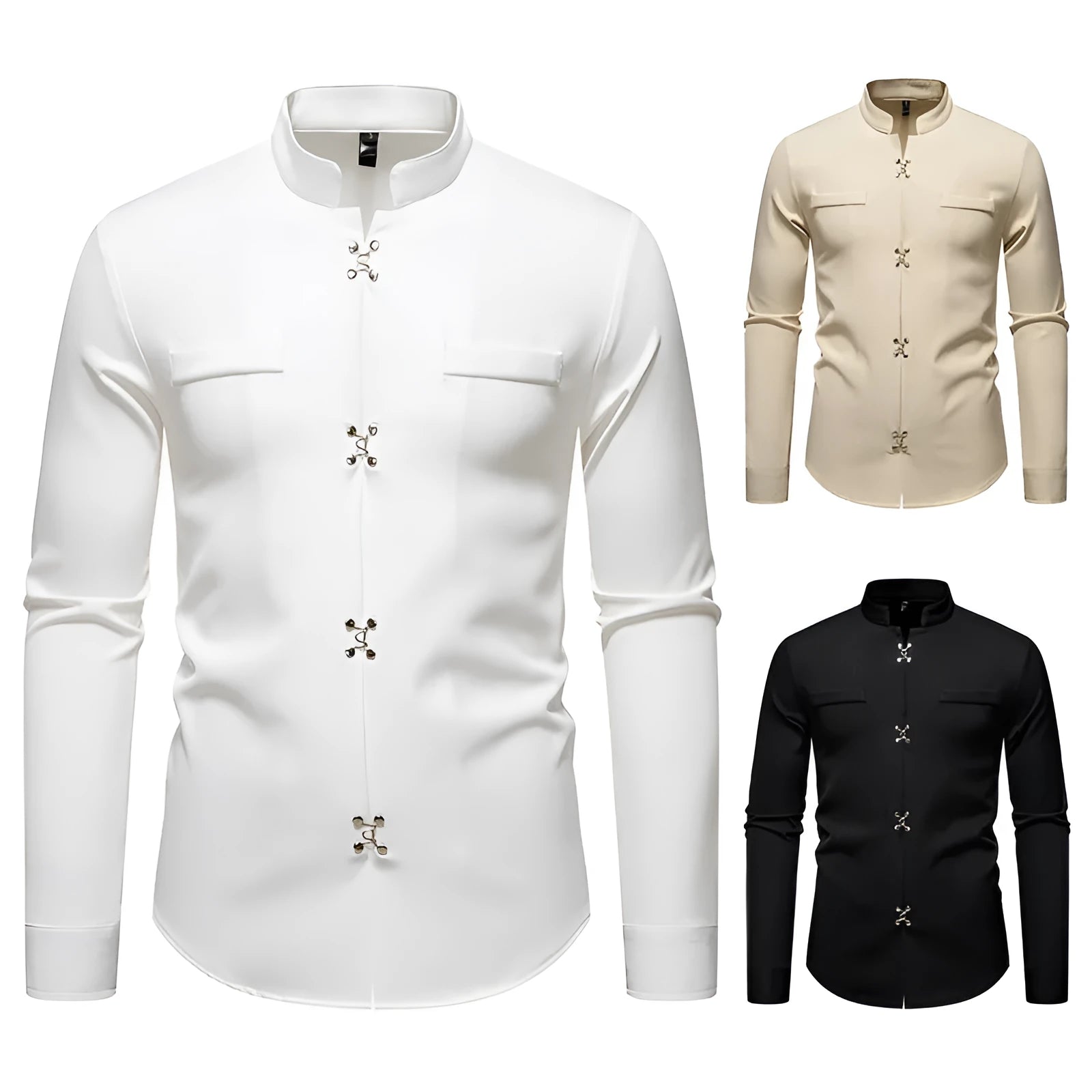 Men's long-sleeved slim-fit cardigan shirt in black polyester – front view